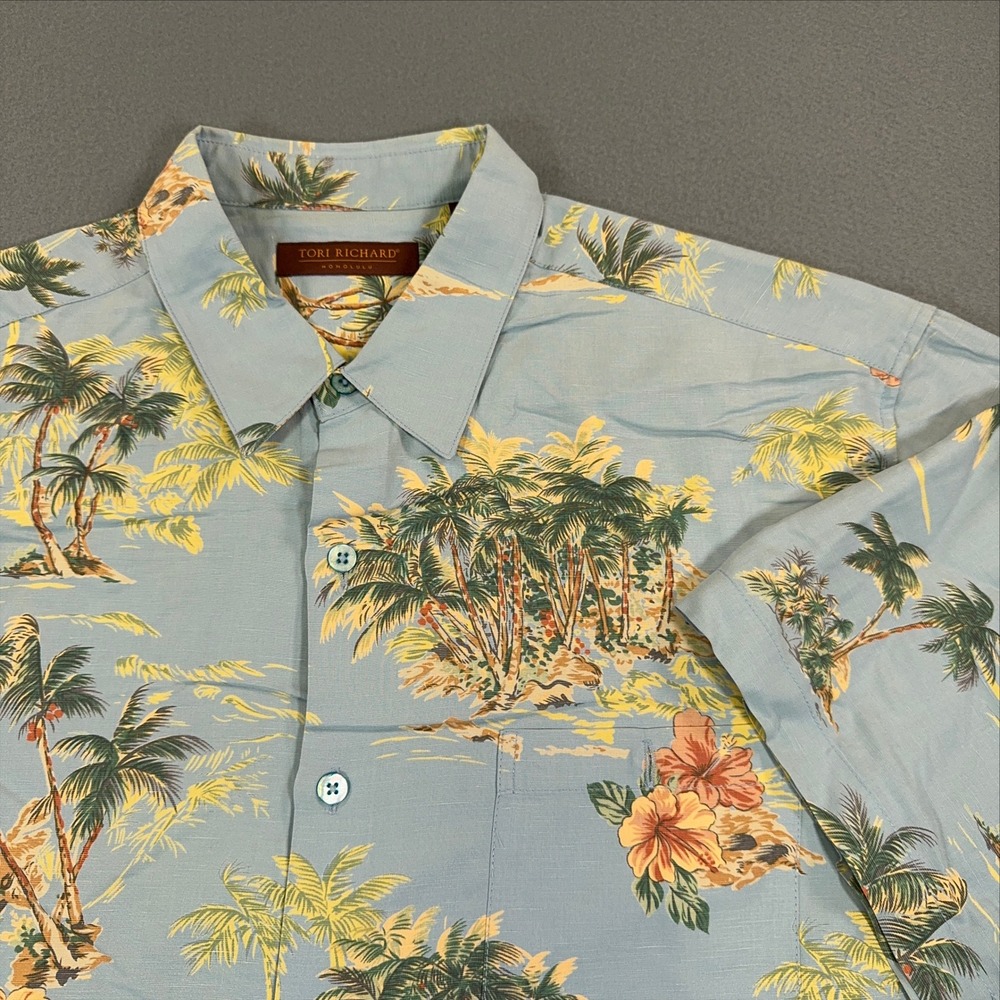 Tori Richard Honolulu Mens XL Silk Linen Tropical Palm Tree Aloha Shirt Blue